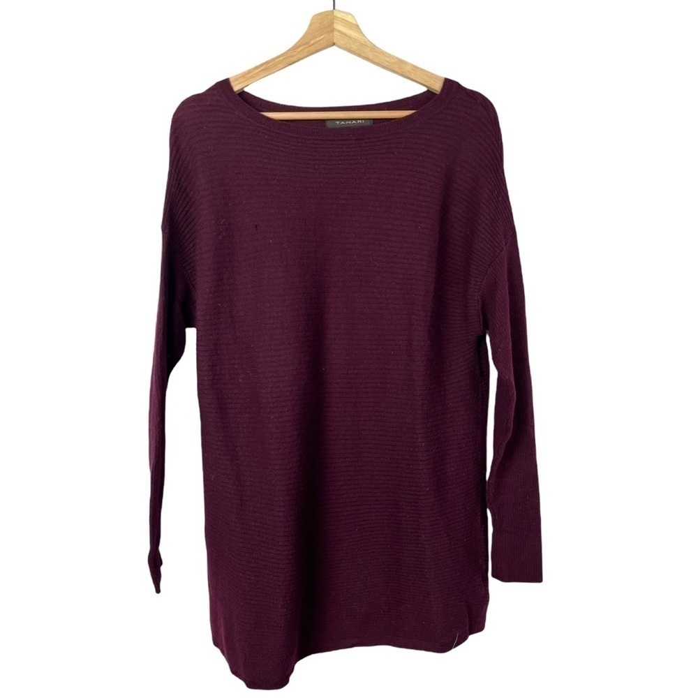 Tahari Burgundy Red Horizontal Ribbed Round Neck Tunic Sweater XL